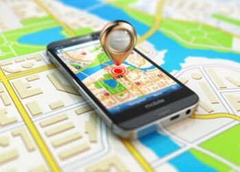 Mobile GPS navigation concept. Smartphone on map of the city, 3d