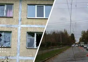 Внаслідок нічної атаки у Києві пошкоджені будинки та ЛЕП, а в області уламки впали у містечку для ВПО