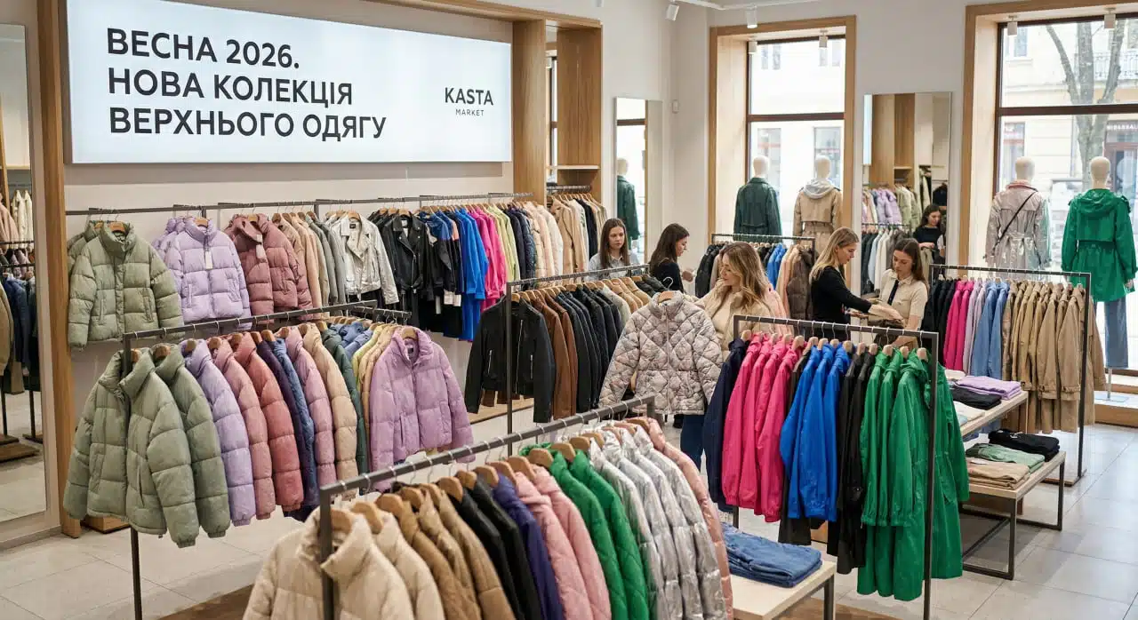 Модні жіночі куртки на весну 2026 різних фасонів представлені в асортименті сучасного магазину одягу