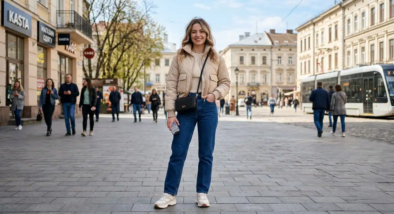Молода жінка в короткій модній жіночій куртці на весну 2026 бежевого кольору позує на фоні міста.