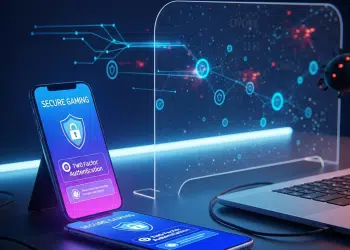 Два смартфони на столі з екранами, що показують "Безпечна гра" та "Двофакторна аутентифікація", підключені до ноутбука через світлові лінії та цифрову мережу з іконками замків та щитів