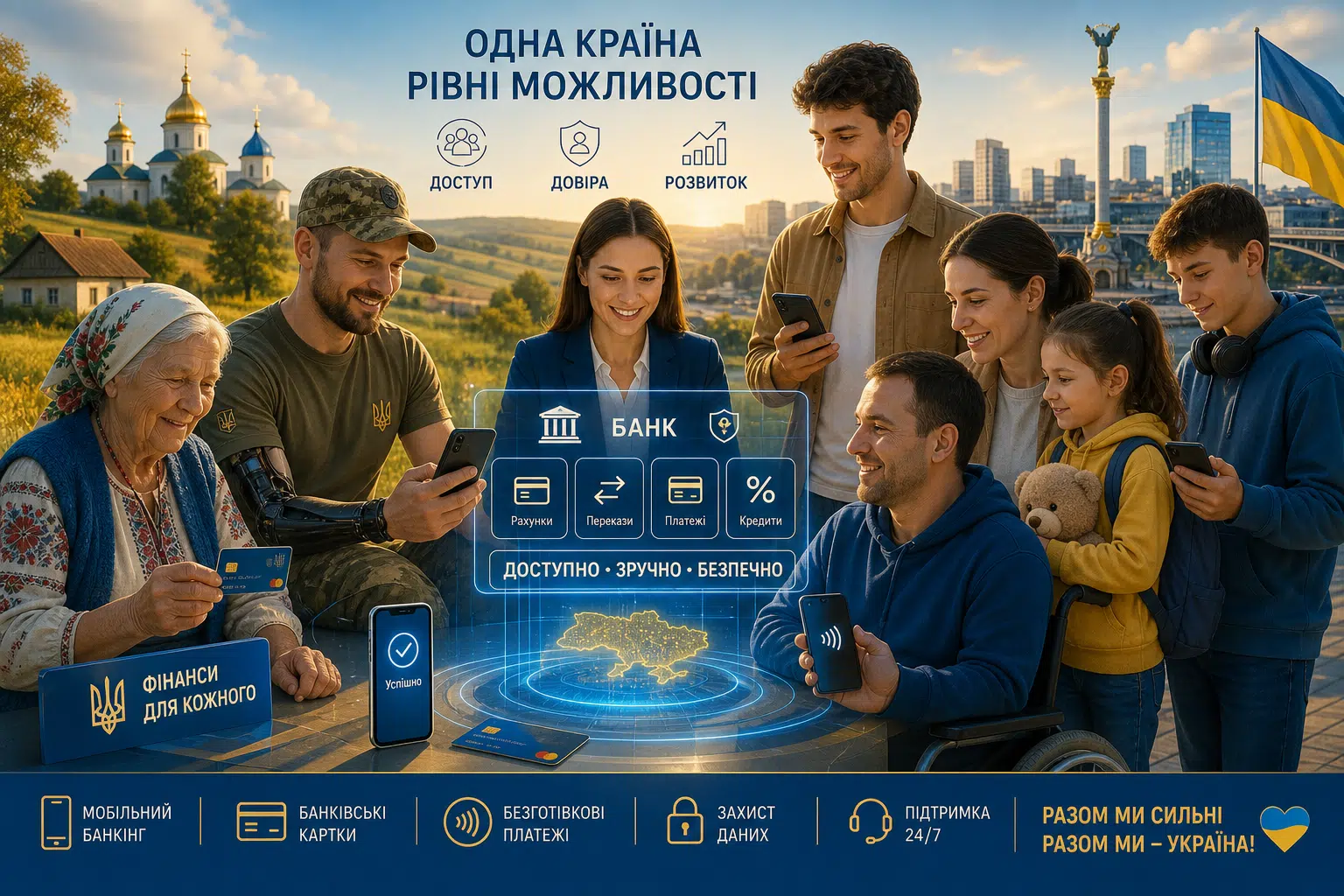 Інфографіка «Одна країна — рівні можливості»: різні українці користуються банківськими послугами — мобільний банкінг, картки, перекази, кредити. Доступно, зручно, безпечно