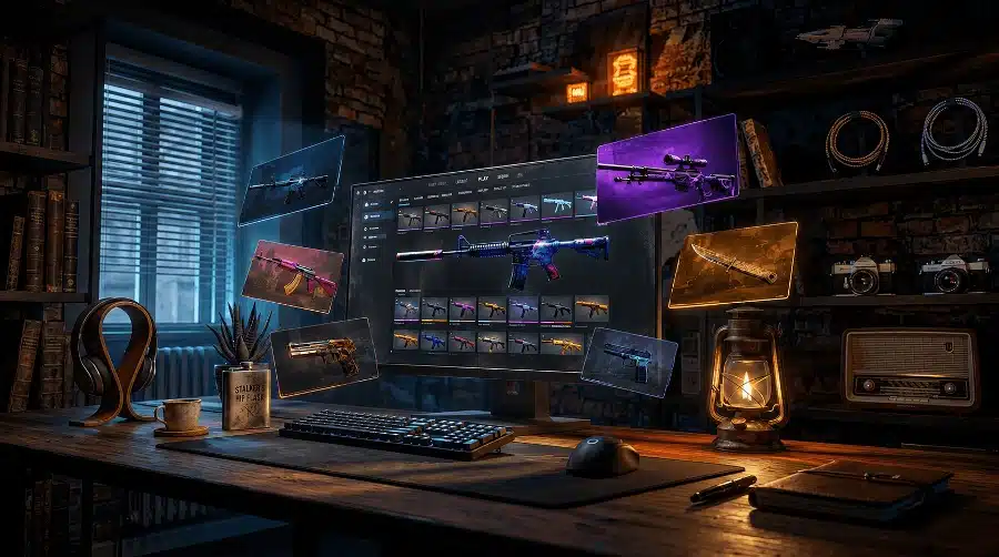 Робоче місце гравця Counter-Strike з монітором, що показує інтерфейс відкриття кейсів із різноманітними скінами зброї, навколо якого розташовані колекційні предмети та атрибутика