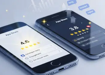 Два смартфони з рейтингами додатків: ліворуч 4.6 зірок з відповідями розробника та залученням, праворуч 3.8 зірок. На тлі графік зростання та ключові слова: рейтинг, ключове слово, сигнал