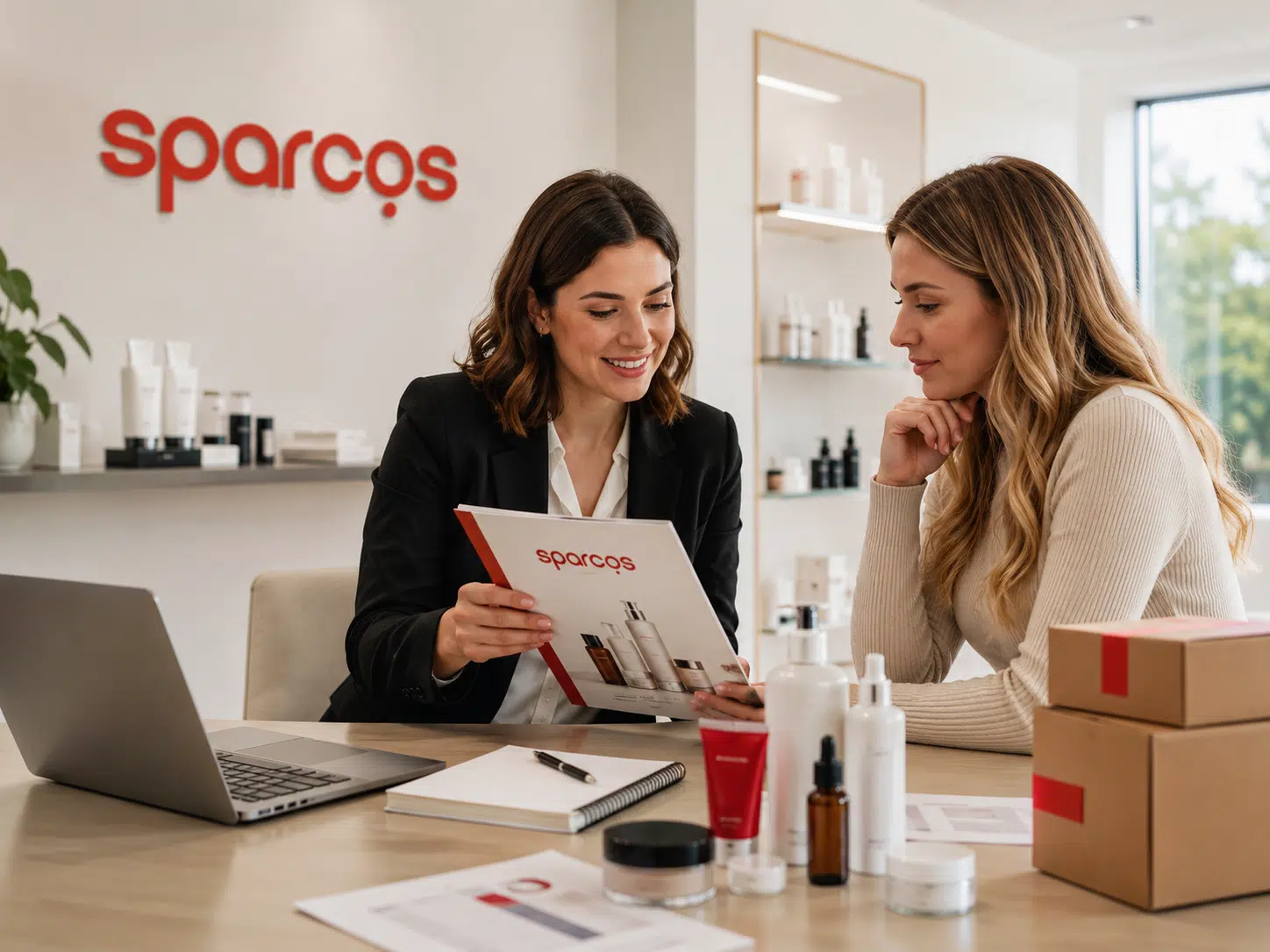 Менеджер Sparcos показує каталог косметики підприємниці під час консультації щодо запуску beauty-бізнесу в офісі з логотипом Sparcos на стіні