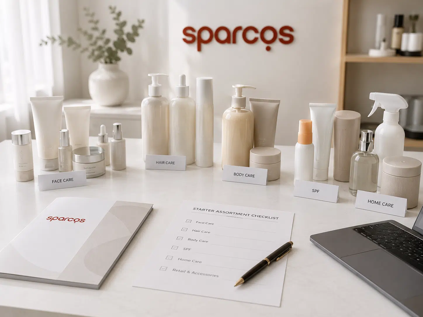 Sparcos стартовий асортимент косметики: різні категорії товарів (догляд за обличчям, волоссям, тілом, SPF, домашній догляд) з чек-листом для планування першої закупівлі