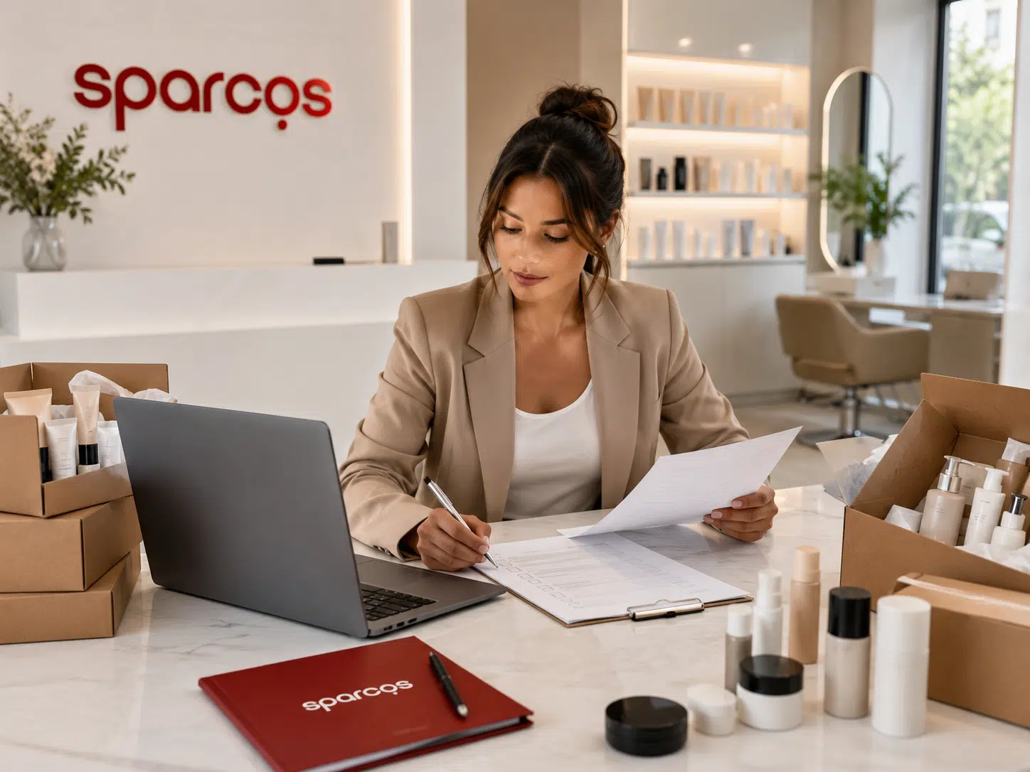 Менеджер Sparcos працює з документацією та косметичними продуктами на столі в офісі з логотипом Sparcos на стіні та полицями з товарами позаду