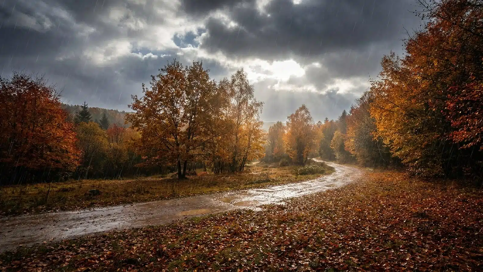Осінній пейзаж на Київщині з мокрою дорогою, деревами в жовто-коричневому листі та хмарним небом під час дощу
