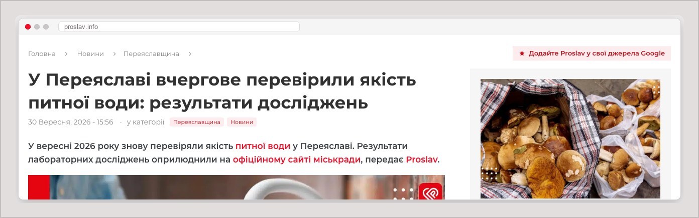 Кнопка «Додайте Proslav у свої джерела Google» на сторінці статті